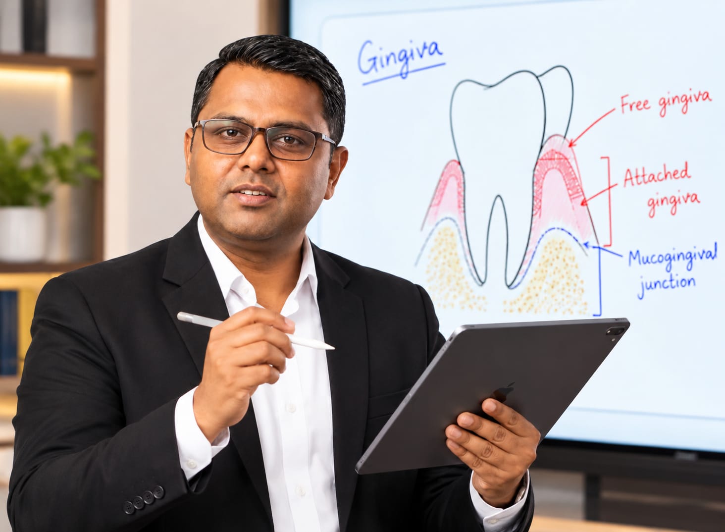 Dr. Gyanander Attresh teaching with a dental diagram